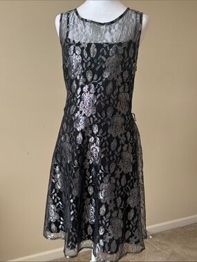 Monroe & Main Black Dress with Silver Floral Lace Overlay
